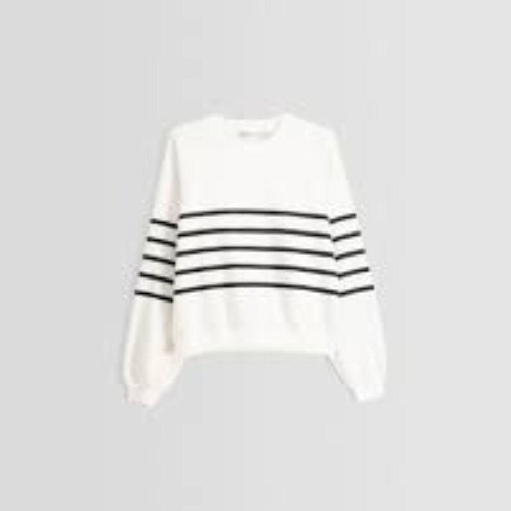 Bershka (Zara) White & Black Striped Sweatshirt | Crewneck Pullover | Size Small